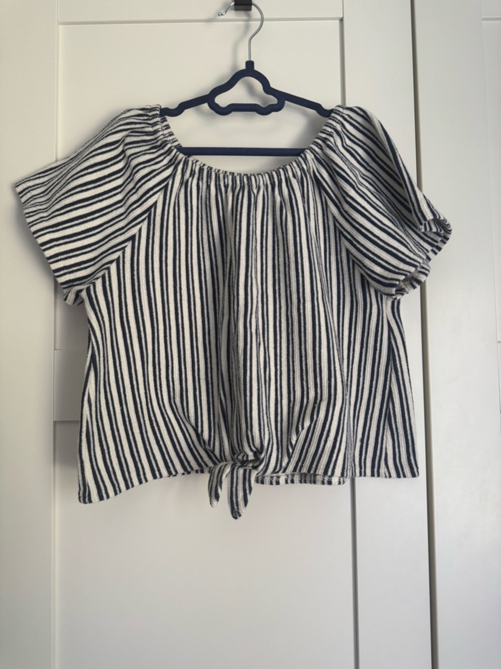 Zara Girls’ Short Sleeve Front Tie Off The Shoulder Shirt Navy Stripe Size 10